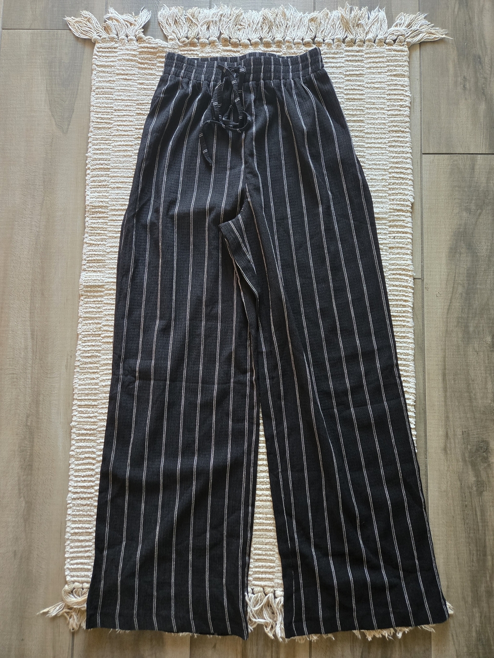Black Pinstripe Wide-Leg Drawstring Pants